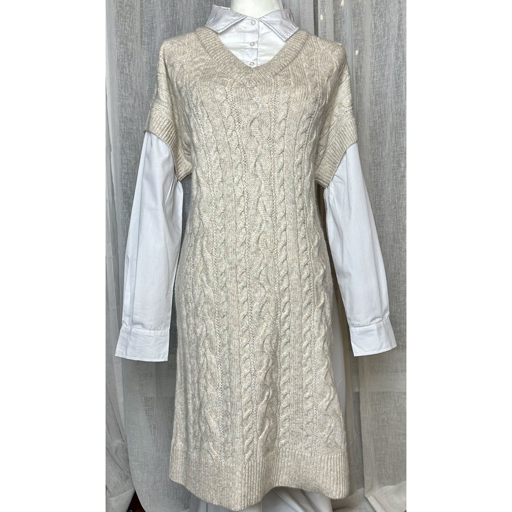 CUPCAKES AND CASHMERE Twofer Cable Knit Dress Women's XL Beige Collared‎ NWT